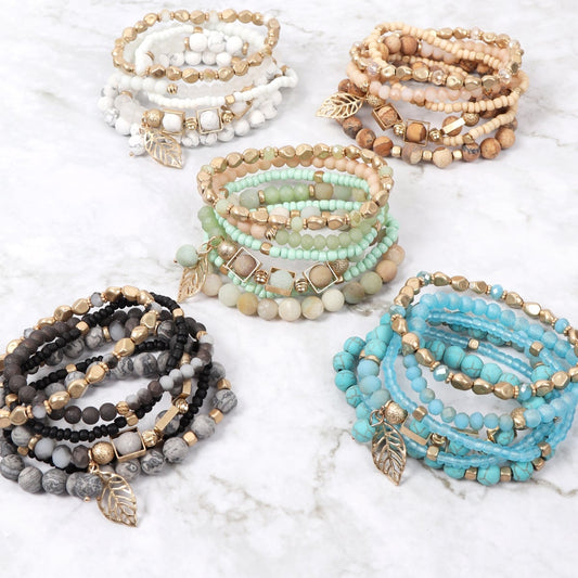 Natural Stone Mixed Beads Leaf Charm Bracelet