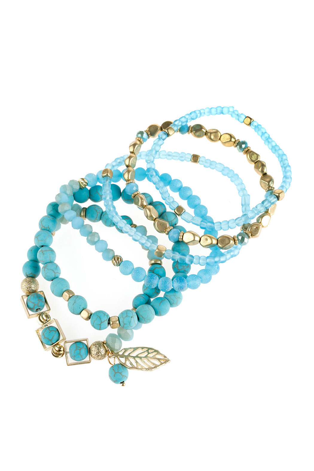 Natural Stone Mixed Beads Leaf Charm Bracelet