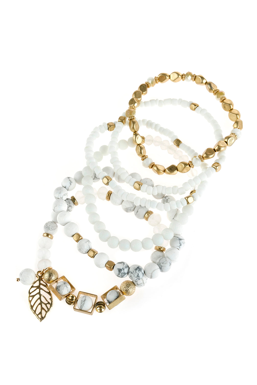 Natural Stone Mixed Beads Leaf Charm Bracelet